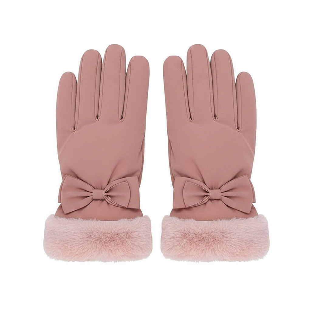 Women's dusty rose winter gloves flat lay on white background