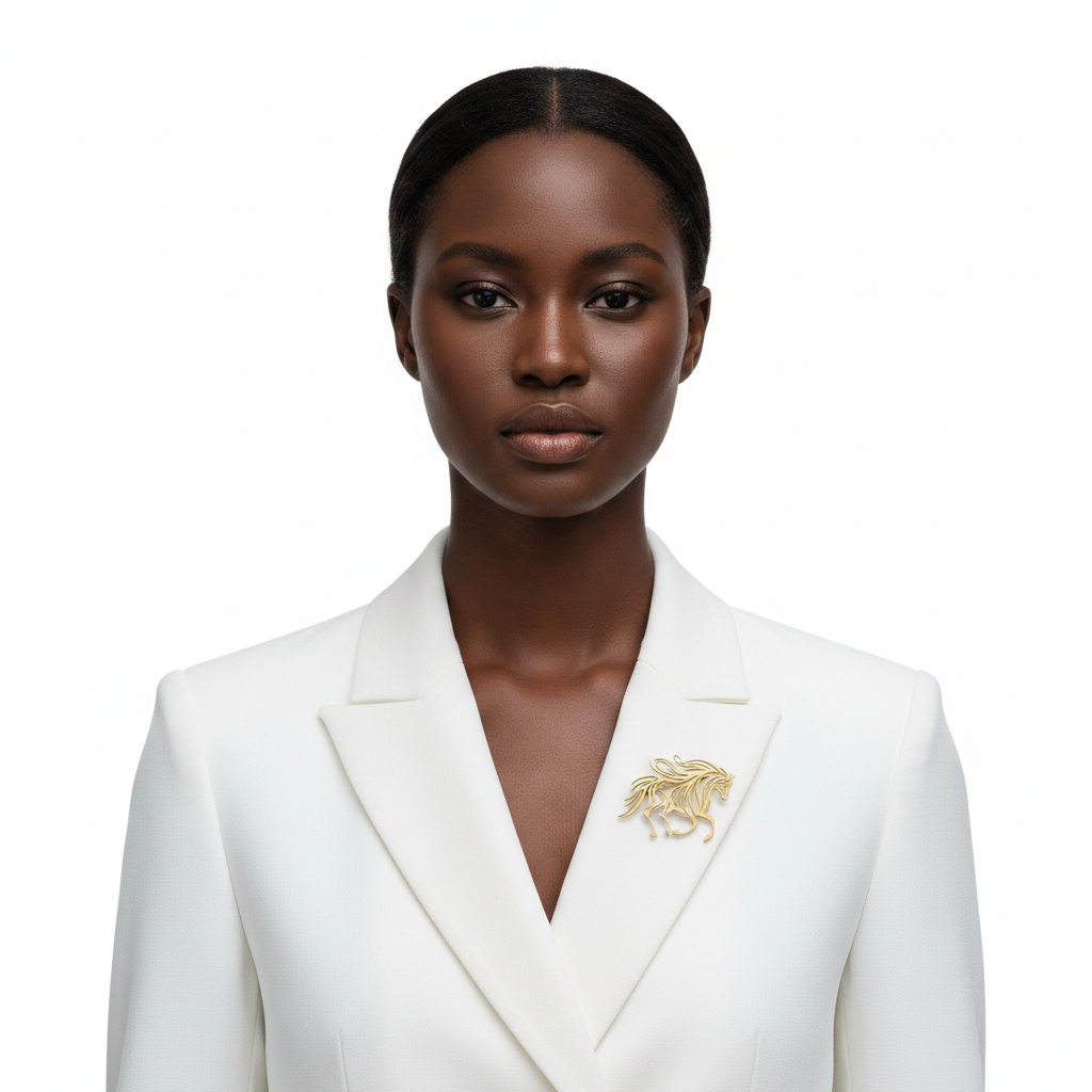 Black woman wearing gold tone running horse brooch pin on white blazer lapel