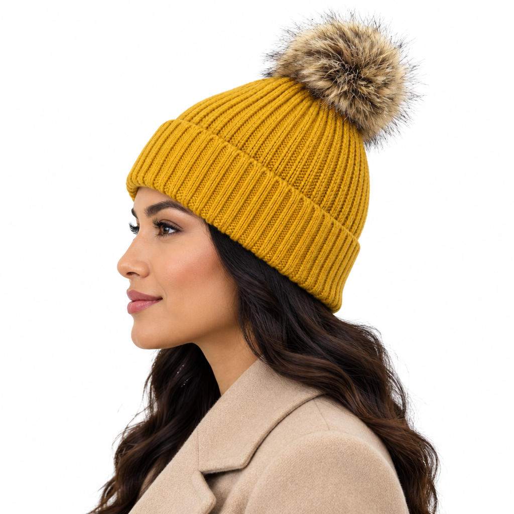 Side view of model wearing mustard yellow ribbed knit beanie with faux fur pom pom