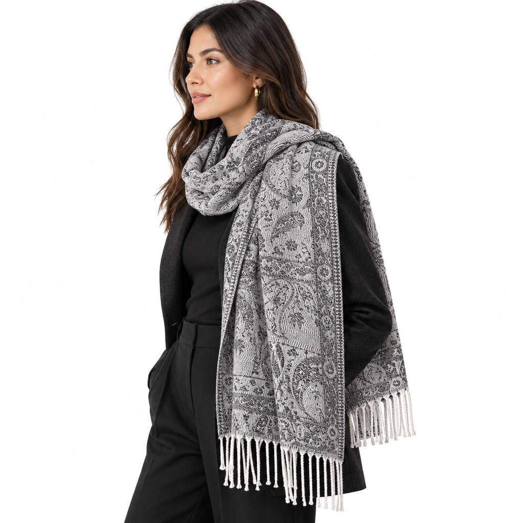 Hispanic woman wearing an oversized black-and-gray paisley scarf over one shoulder, side view on a white background