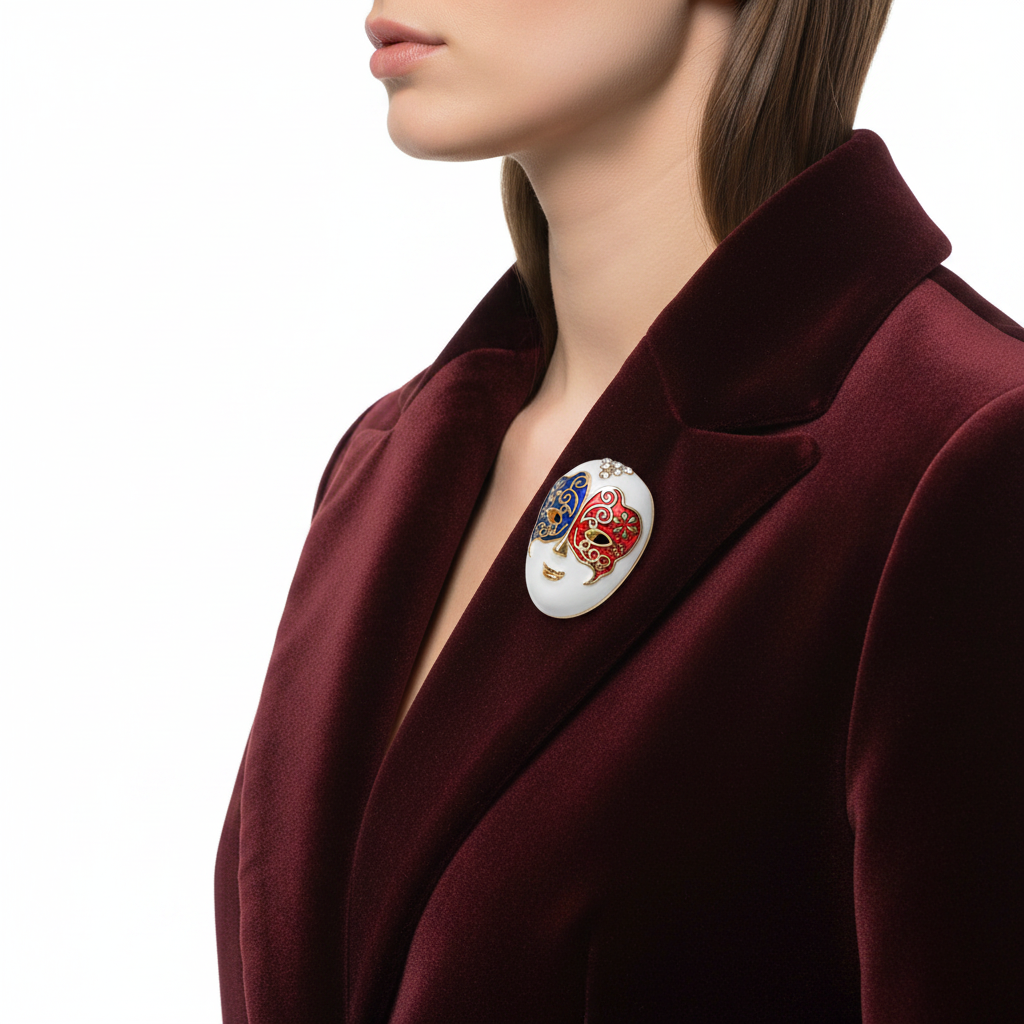 Venetian Carnival Mask Brooch masquerade pin worn on burgundy velvet coat side view