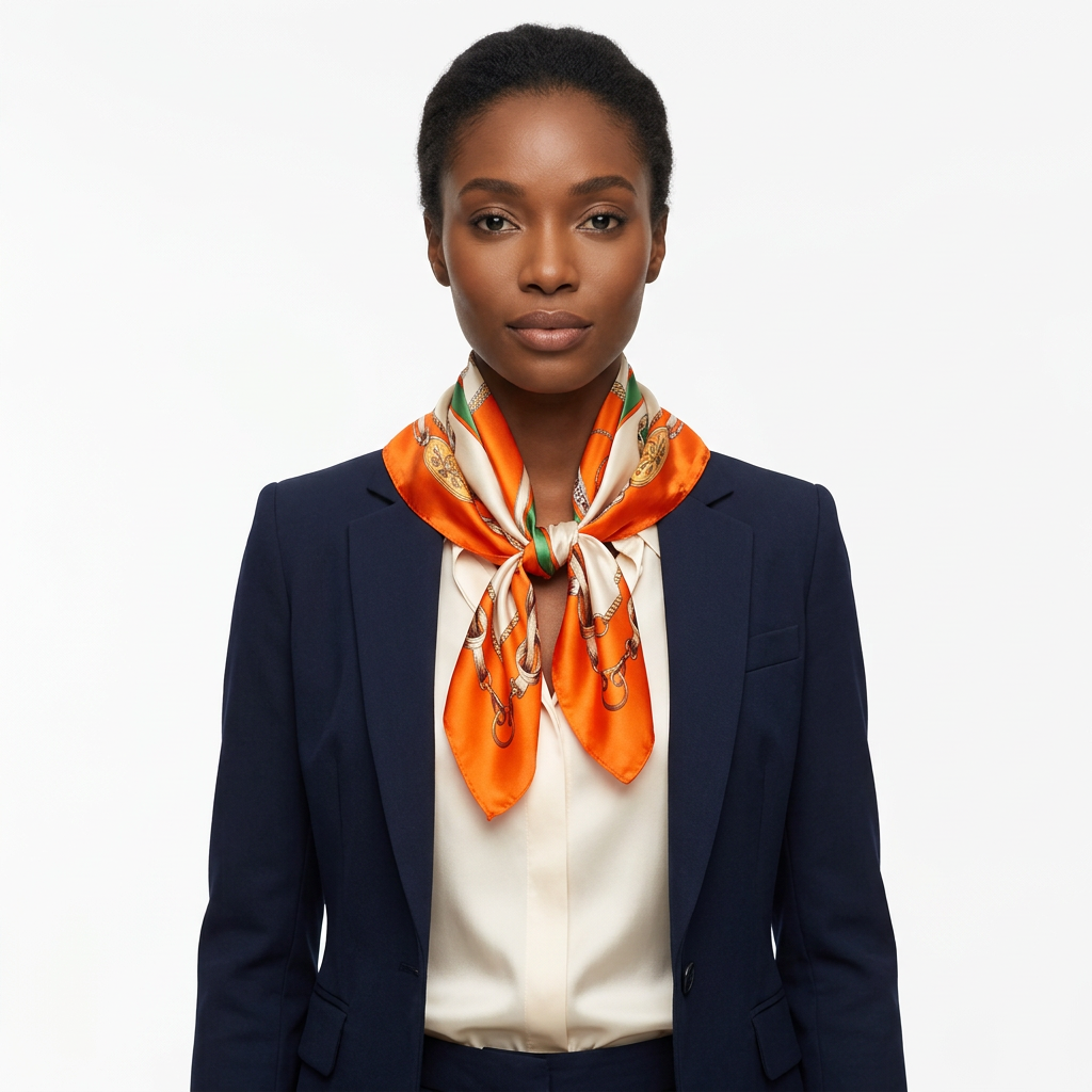 Front view of a model wearing the orange chain print satin square scarf with tailored clothing