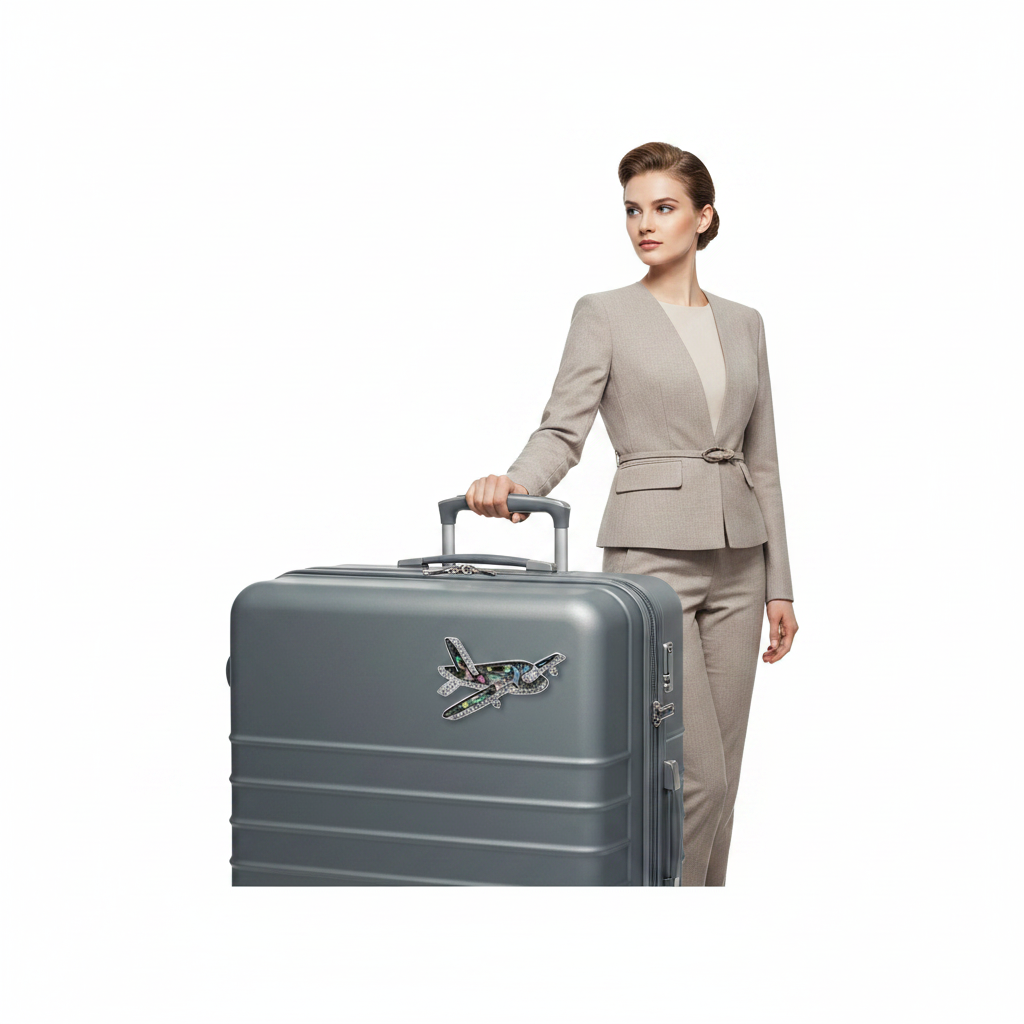 Silver abalone airplane brooch pinned on hard-shell carry-on luggage