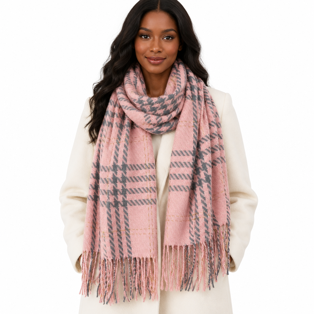 Front view of woman wearing pink and gray houndstooth fringed scarf with ivory coat