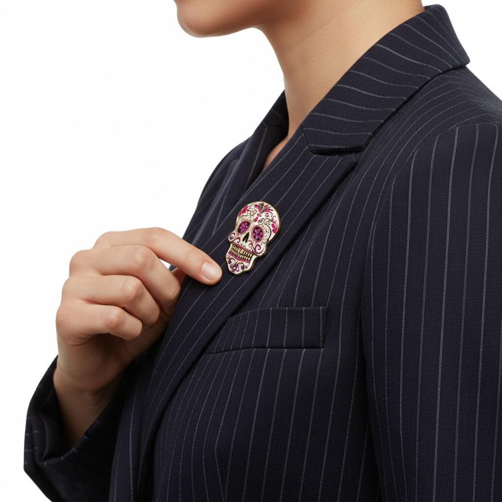 Person wearing colorful sugar skull enamel brooch on blazer, side profile view, white background