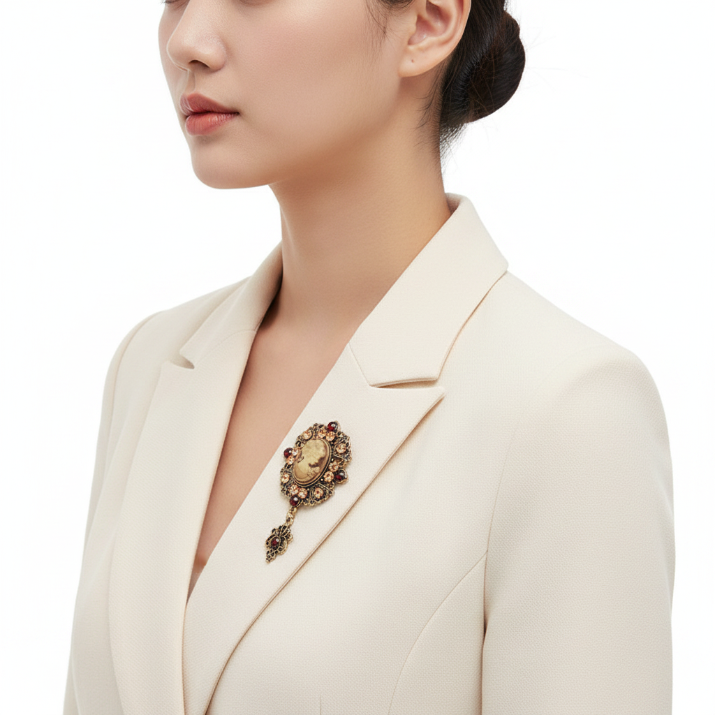Woman wearing vintage cameo brooch on blazer lapel, side profile view