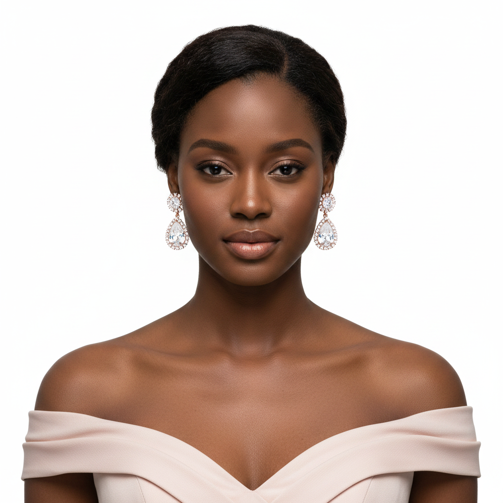 Women's Rose Gold Teardrop Cubic Zirconia Halo Dangle Earrings – front view