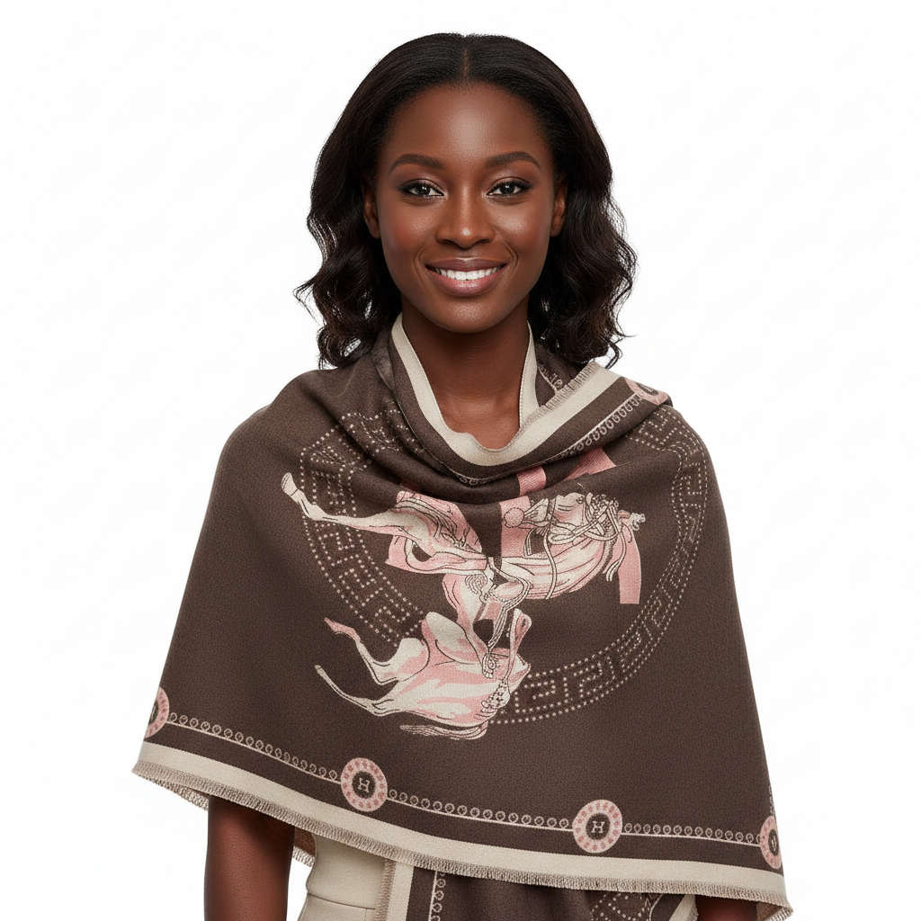 Black woman wearing dark brown beige equestrian cashmere-feel shawl wrap with horse print - front view