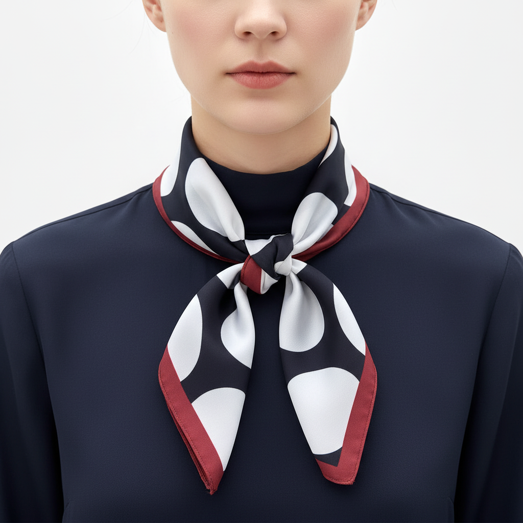 Woman wearing bold navy and white polka dot silk-feel square scarf tied at the neck, front view, white background