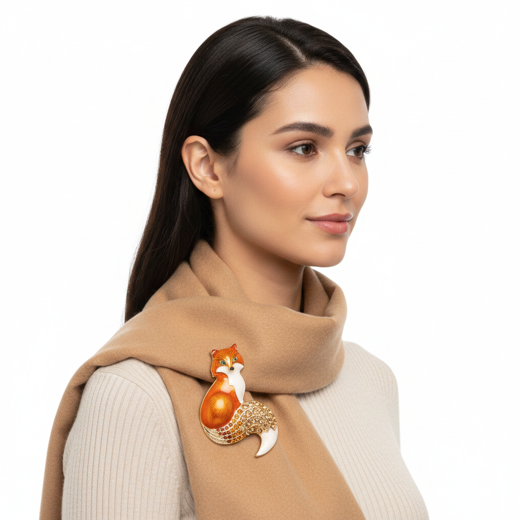 Hispanic woman wearing gold-tone orange enamel sitting fox brooch pin on camel wool scarf