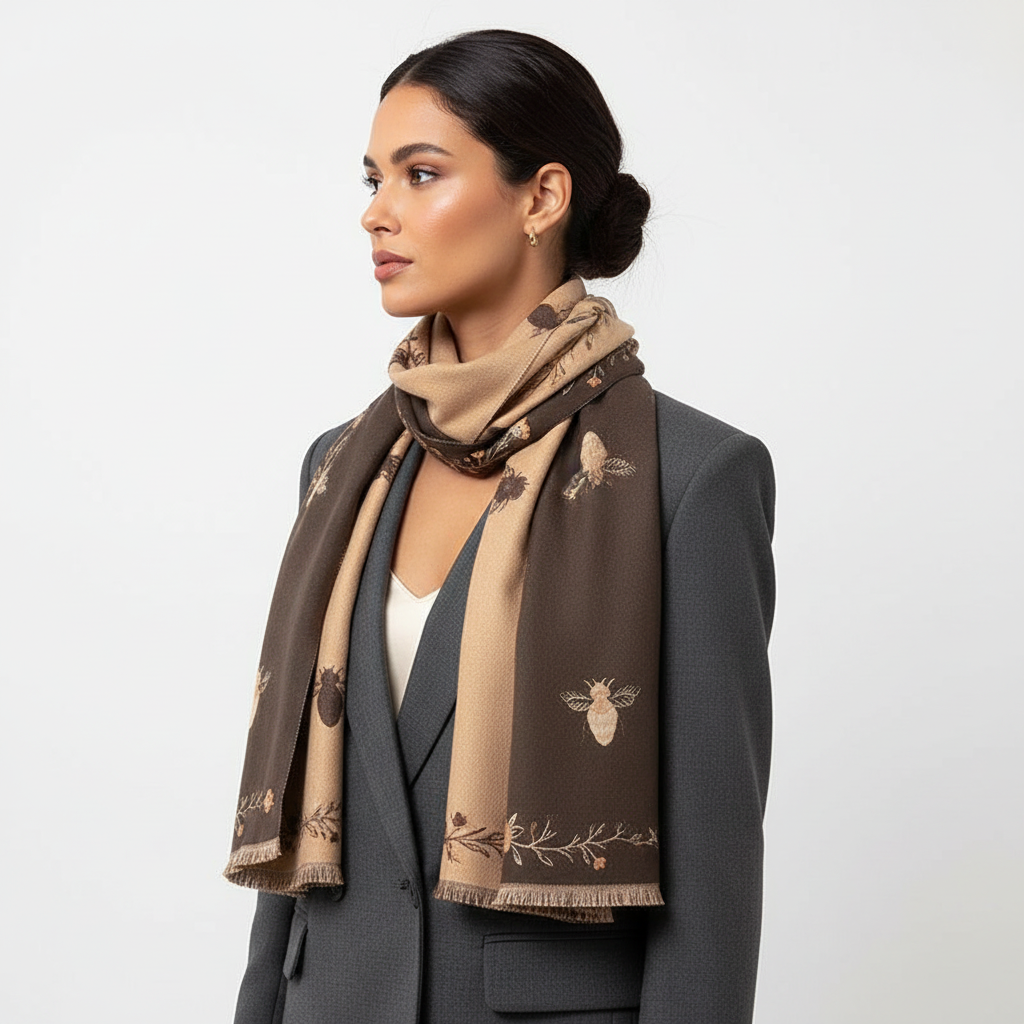 Woman wearing embroidered bee and floral shawl wrap looped over blazer, side view showing shoulder drape, white background