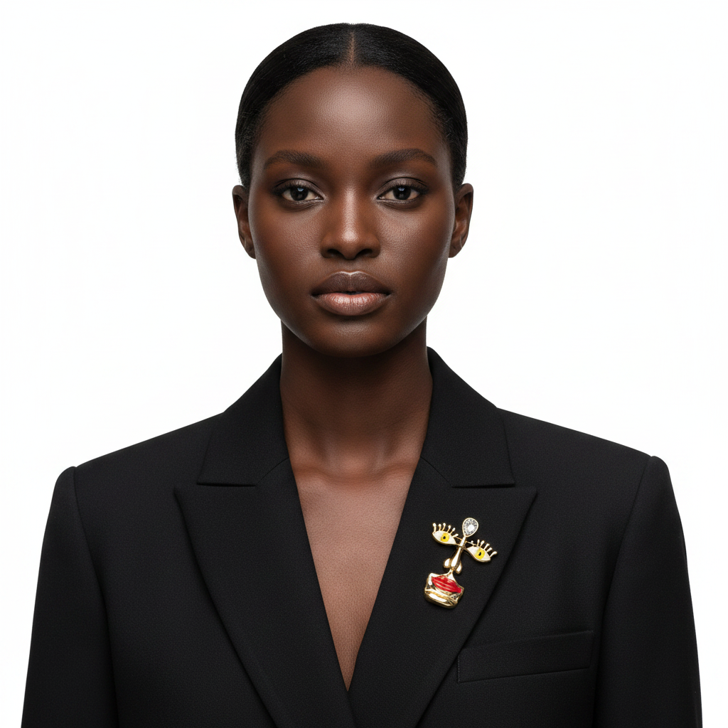 Abstract face brooch pin pinned to black blazer lapel — front view lifestyle
