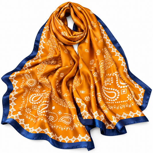 Orange silk-feel scarf with ivory paisley motifs and a navy blue border