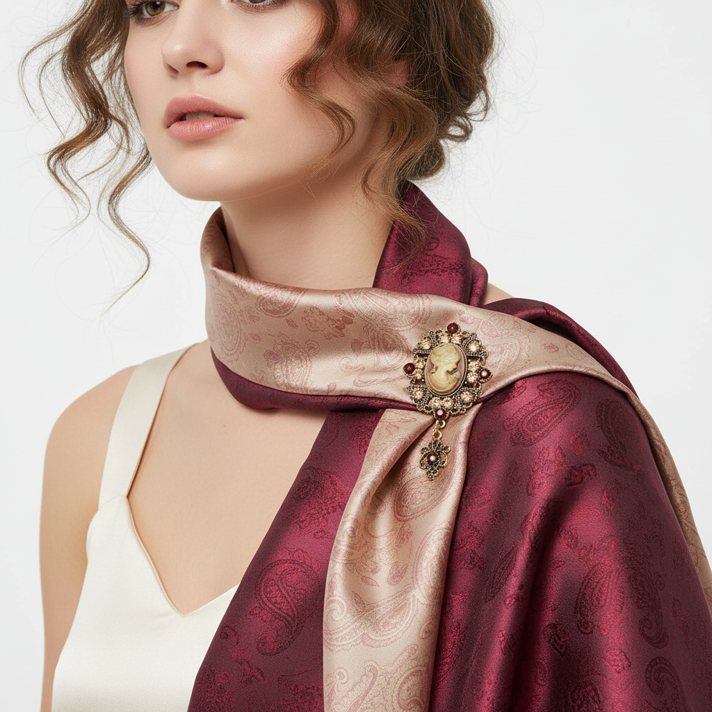 Woman wearing vintage cameo brooch pinned to silk scarf, alternative styling