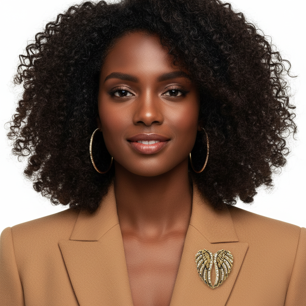Black woman wearing antique gold angel wings brooch on camel blazer