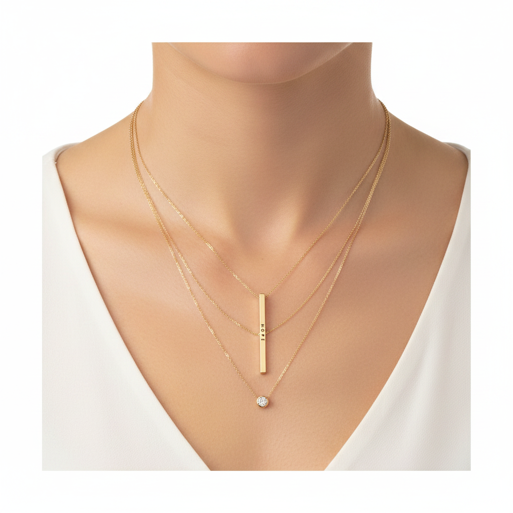 Close-up of gold HOPE engraved vertical bar necklace styled in a layered necklace stack, white background
