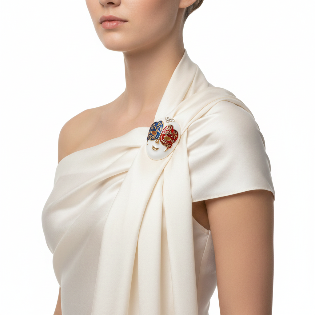 Venetian Carnival Mask Brooch used as scarf pin on white silk wrap alternative styling