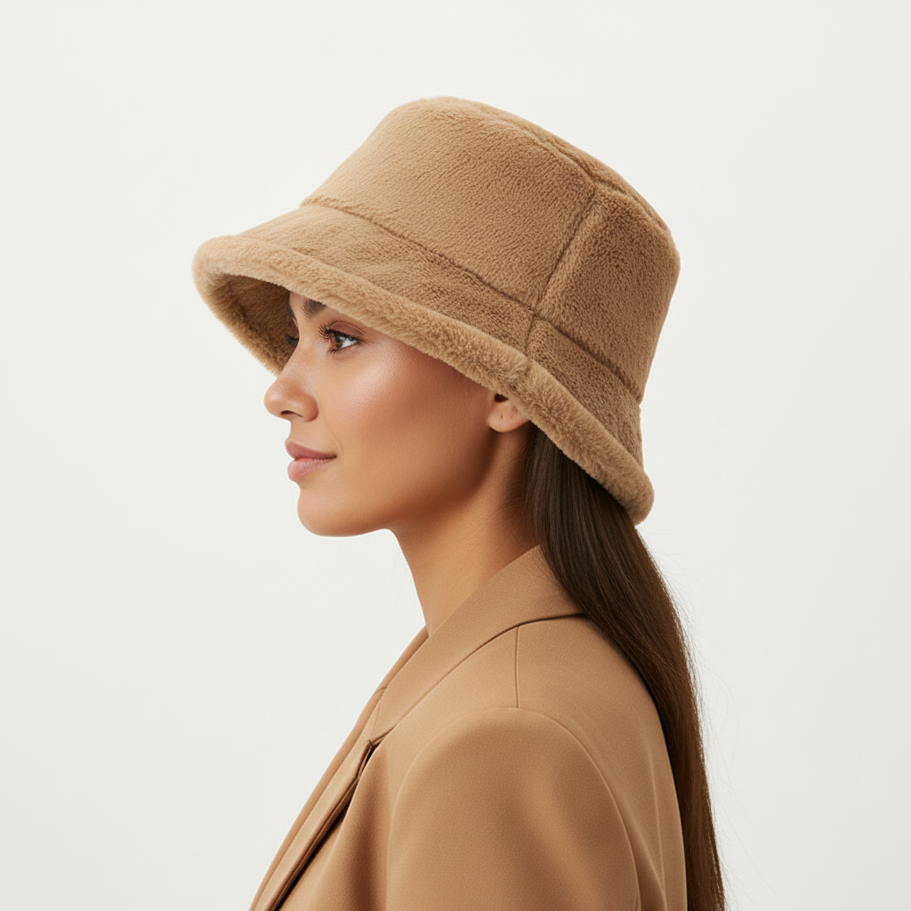 Hispanic woman wearing a camel faux-fur bucket hat with tailored clothing on white
