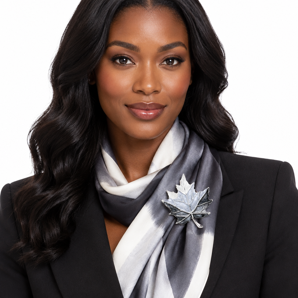 Black woman wearing a silver-tone enamel maple leaf magnetic brooch on a scarf