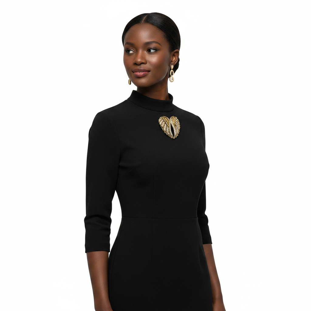 Black woman wearing antique gold angel wings brooch on black dress