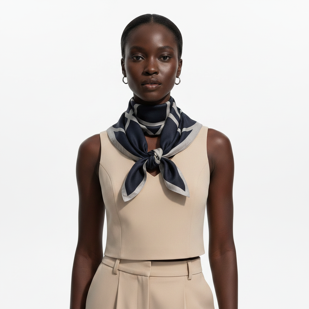 Black woman wearing two-piece geometric monogram scarf set in beige and black, tied as neckerchief, front view