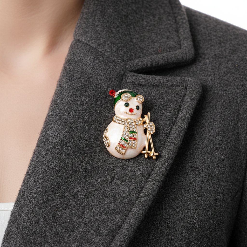 Woman wearing sparkling rhinestone snowman skiing brooch on winter coat lapel - front view