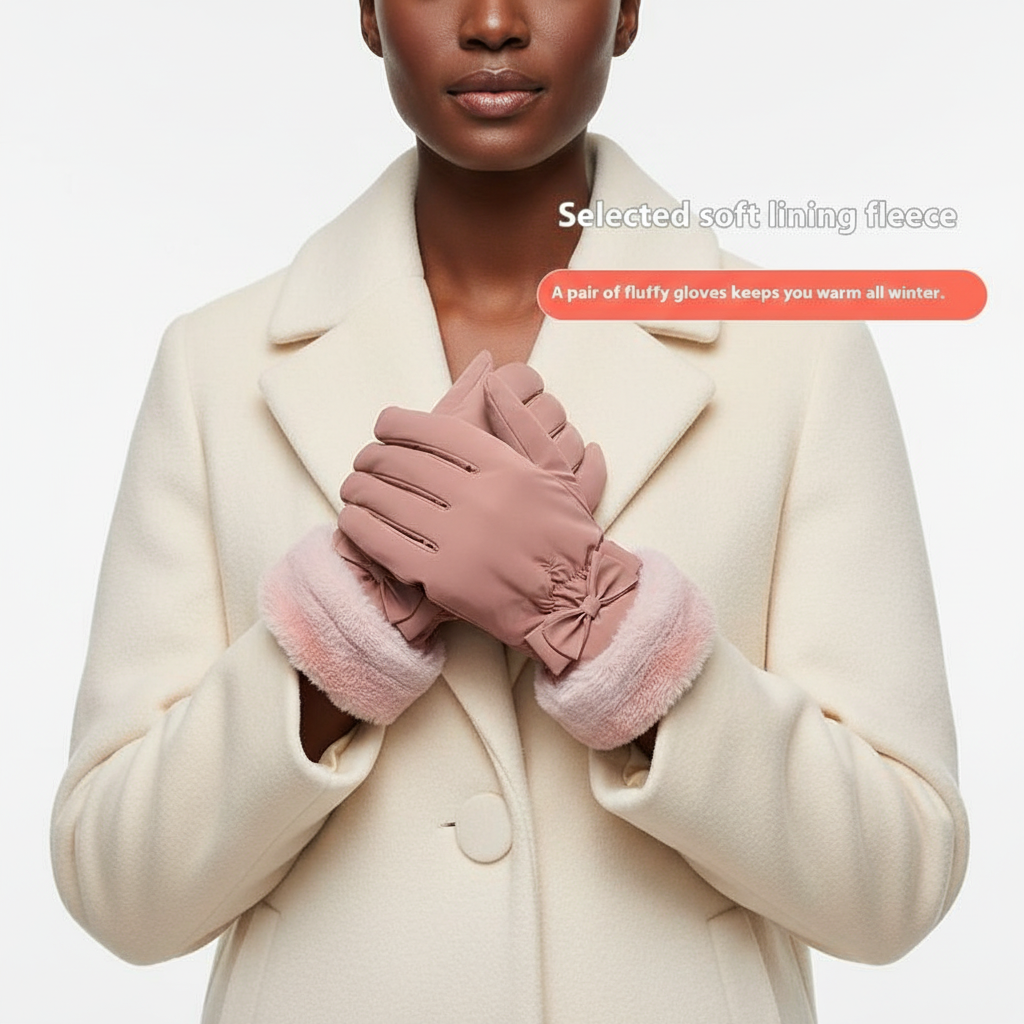 Lifestyle - Black woman wearing dusty rose waterproof winter gloves with faux fur cuff