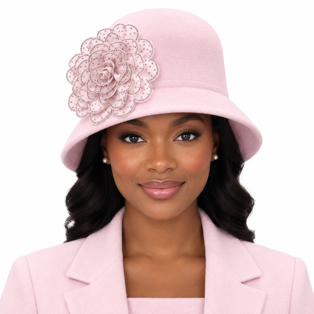 Front view of a Black woman wearing the pastel pink wool felt cloche hat with crystal rhinestone floral accent, white background