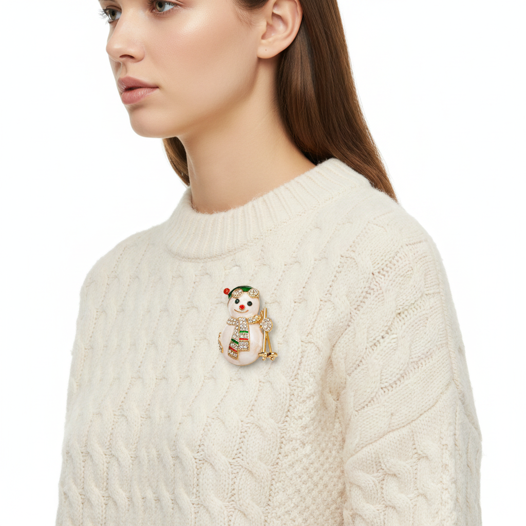 Woman wearing sparkling rhinestone snowman skiing brooch on knit sweater - side view