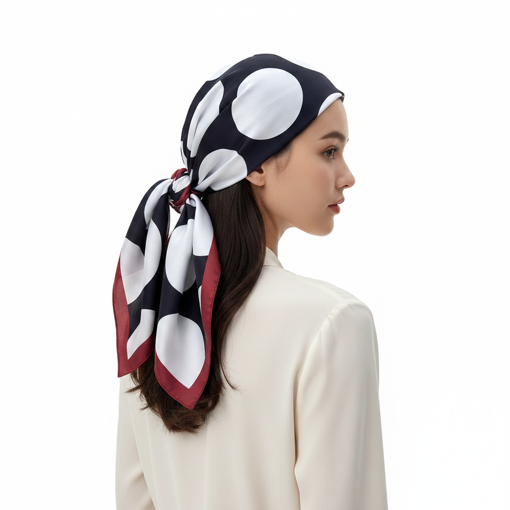 Woman wearing bold navy and white polka dot silk-feel square scarf styled as headscarf, three-quarter view, white background
