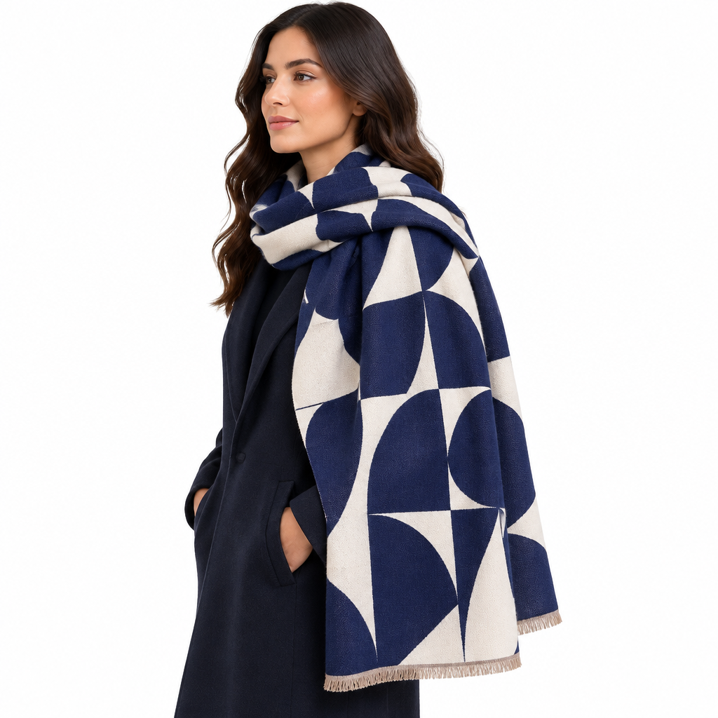 Woman wearing navy and cream geometric shawl scarf draped across her shoulder, side view