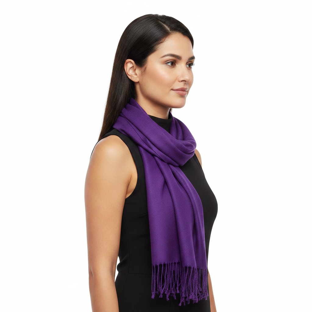Hispanic woman wearing deep purple pashmina scarf wrapped around neck, side view, white background