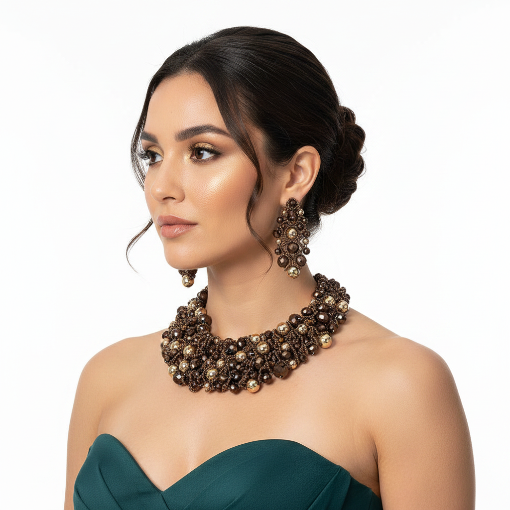 Hispanic woman wearing brown and gold clustered beaded choker necklace and earring set with jewel-tone gown, side view