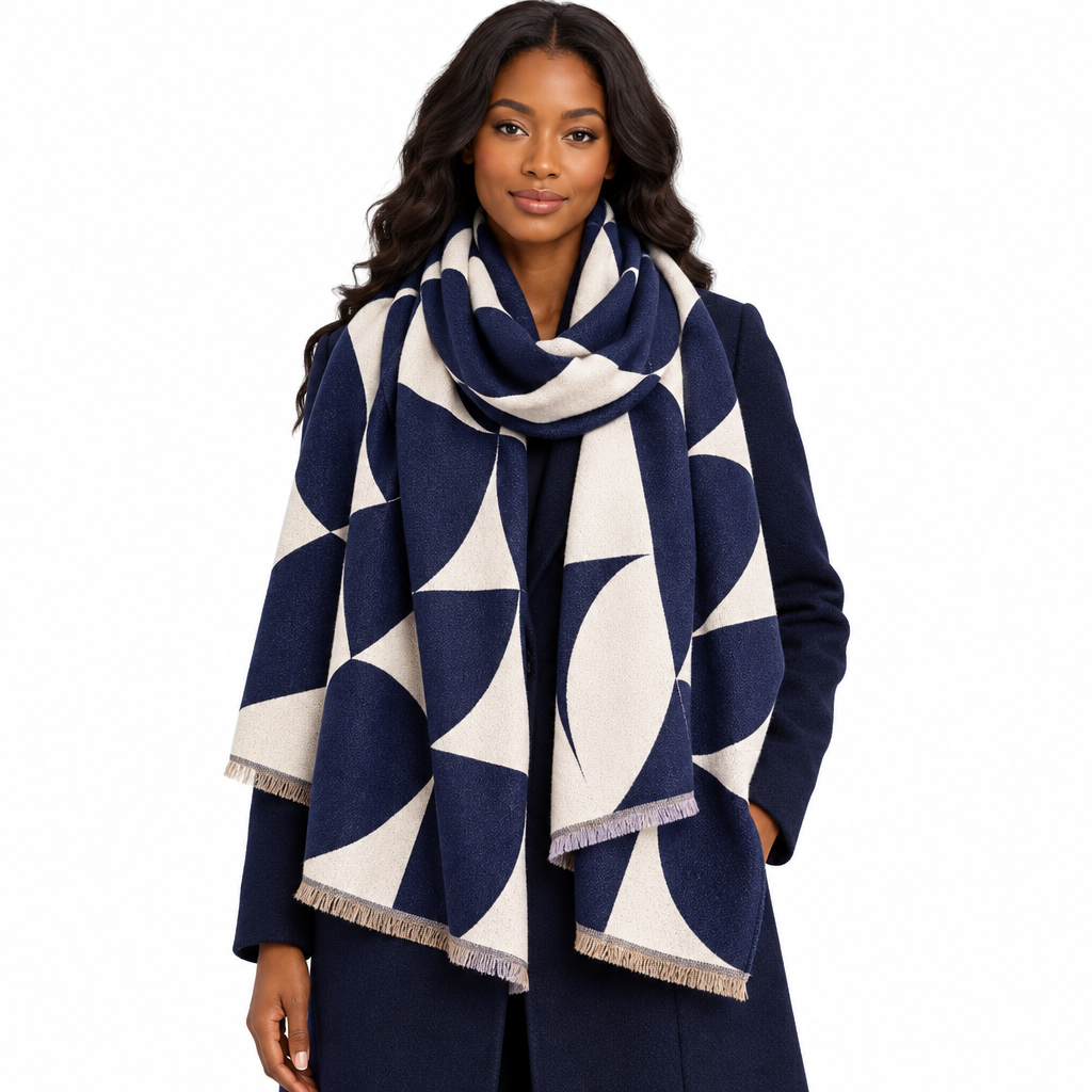 Woman wearing navy and cream geometric shawl scarf over a tailored coat, front view