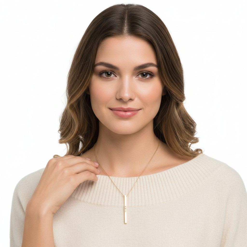 Woman wearing gold HOPE engraved vertical bar necklace, front view, white background