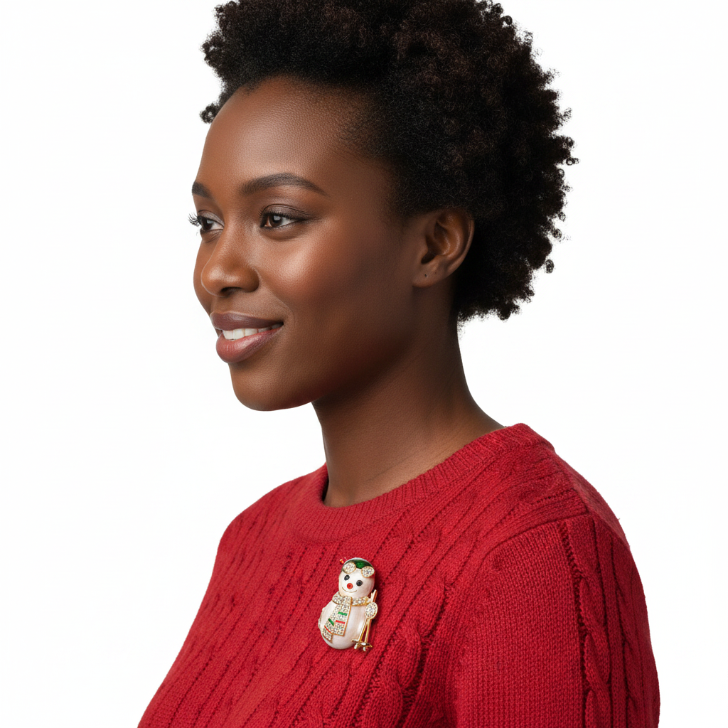 Black woman wearing sparkling rhinestone snowman skiing brooch on red sweater - side view