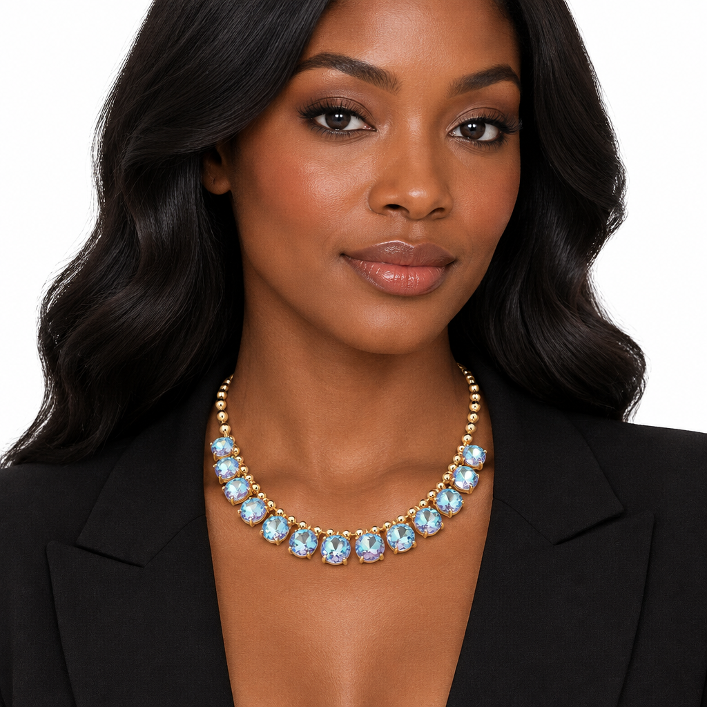 Woman wearing iridescent Aurora Borealis crystal gold-tone collar necklace, front view