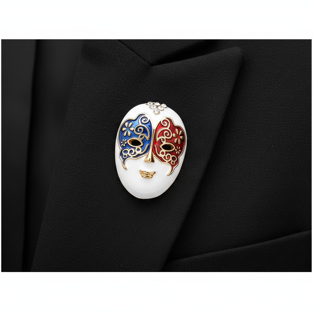 Venetian Carnival Mask Brooch red blue enamel rhinestone pin styled on black blazer lapel
