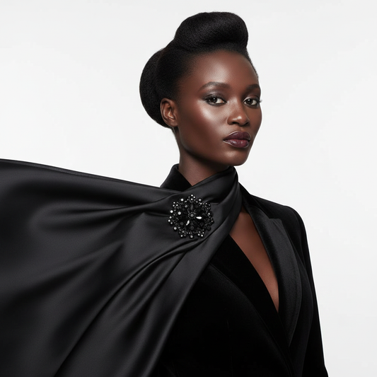 Jet black brooch - Black woman silk scarf