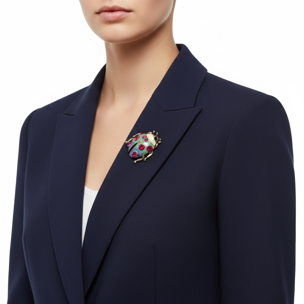 Ladybug brooch on blazer lapel - front