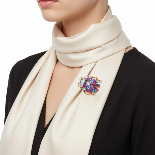 Ladybug brooch on solid ivory scarf - side