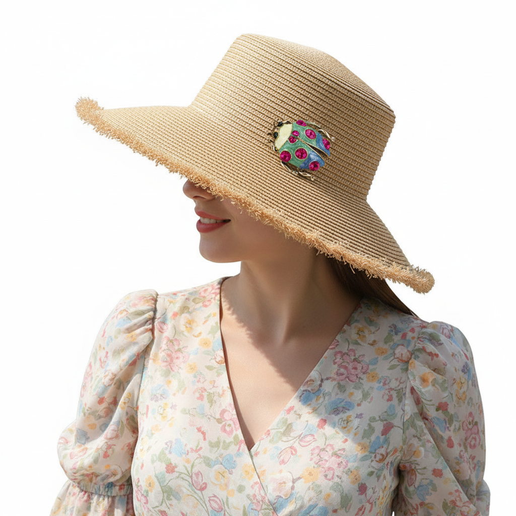 Ladybug brooch on straw hat