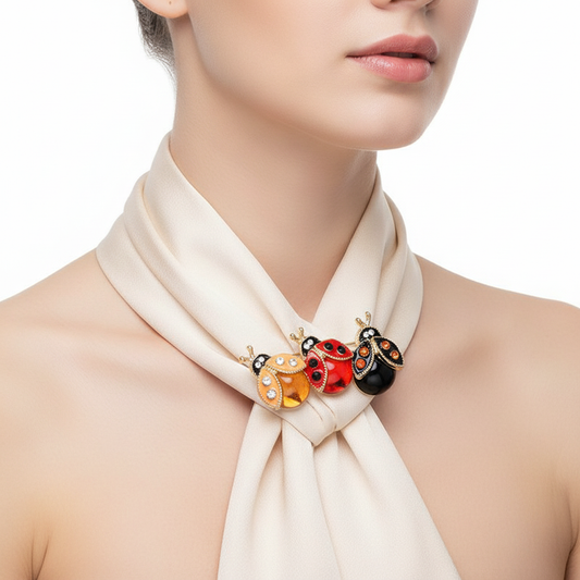 Ladybug trio brooch on ivory scarf