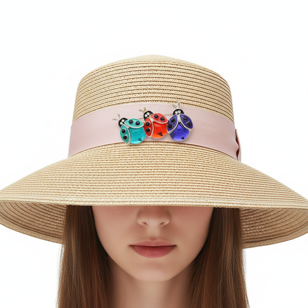 Ladybug trio brooch on wide brim hat