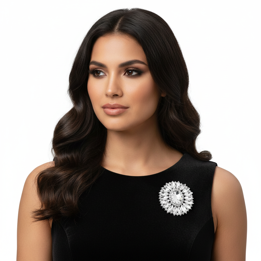 Latina woman wearing clear silver sunburst brooch on evening gown