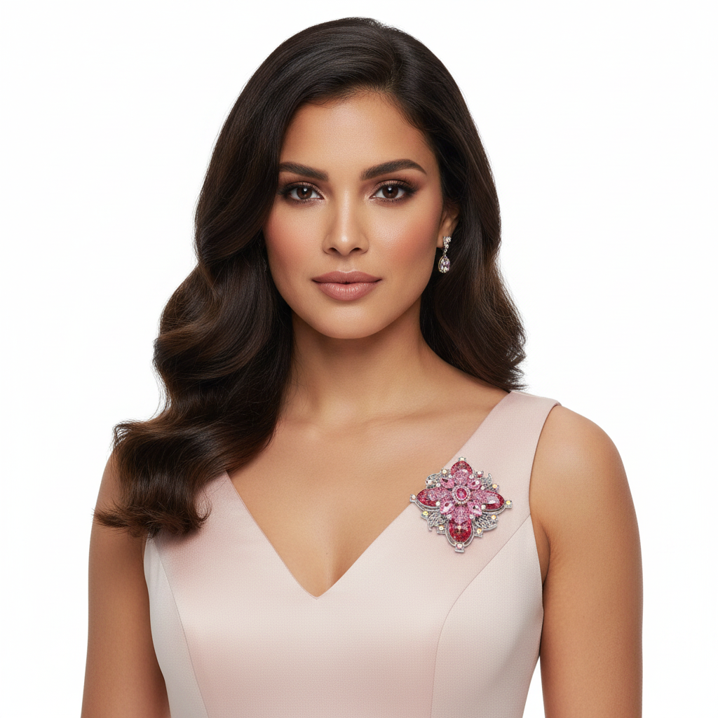 Latina woman wearing pink floral brooch on blush gown
