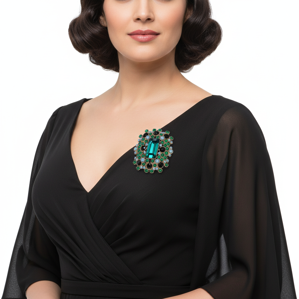 Latina woman with brooch on evening gown