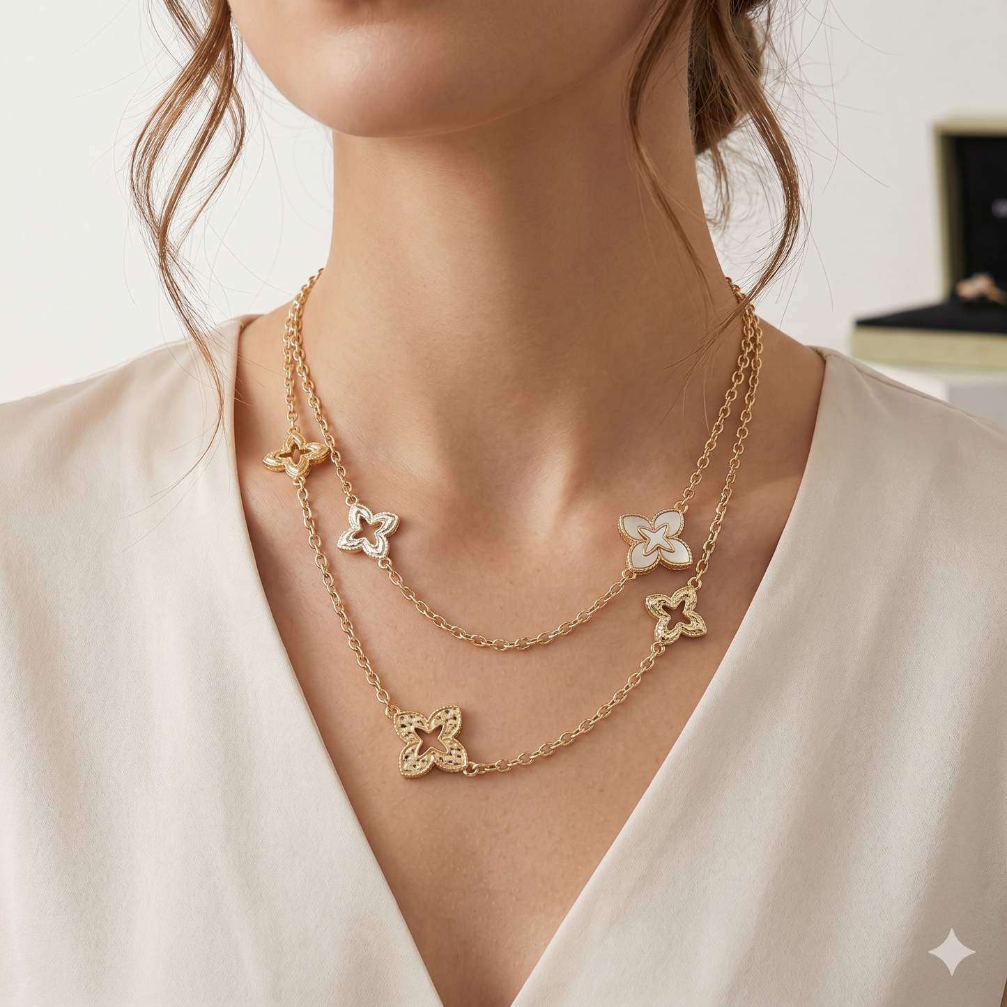 Gold Dipped Floral Station Layered Necklace 36 Inch Long Chain Necklace Feminine Flower Link Jewelry