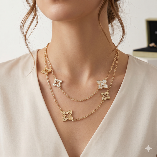 Gold Dipped Floral Station Layered Necklace 36 Inch Long Chain Necklace Feminine Flower Link Jewelry