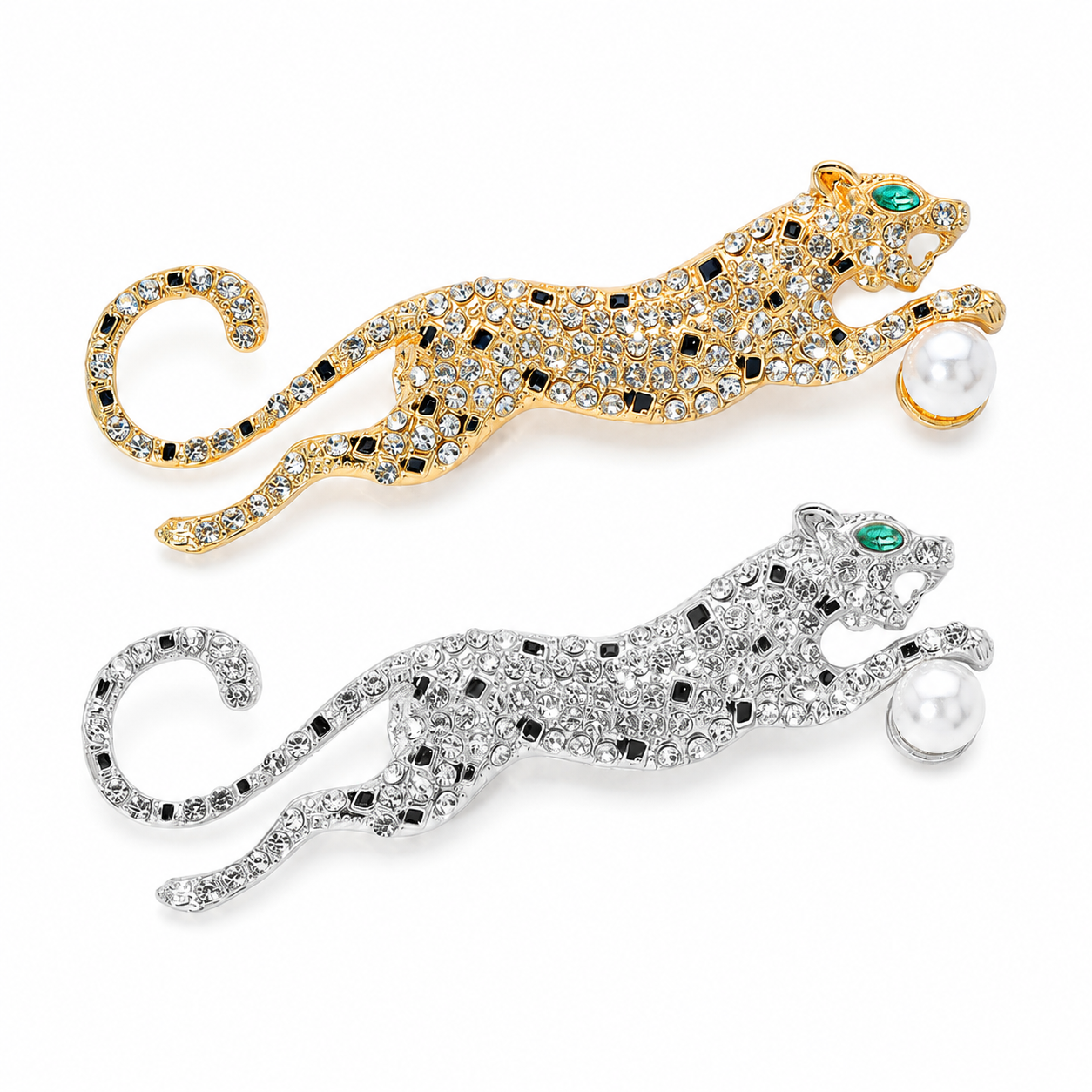 Crystal Leopard Brooch Pin for Women Rhinestone Animal Lapel Pin Faux Pearl Jacket Scarf Hat Accessory